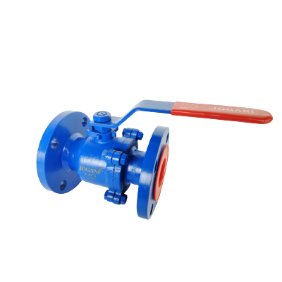 Blue flanged industrial ball valve with a red handle lever
